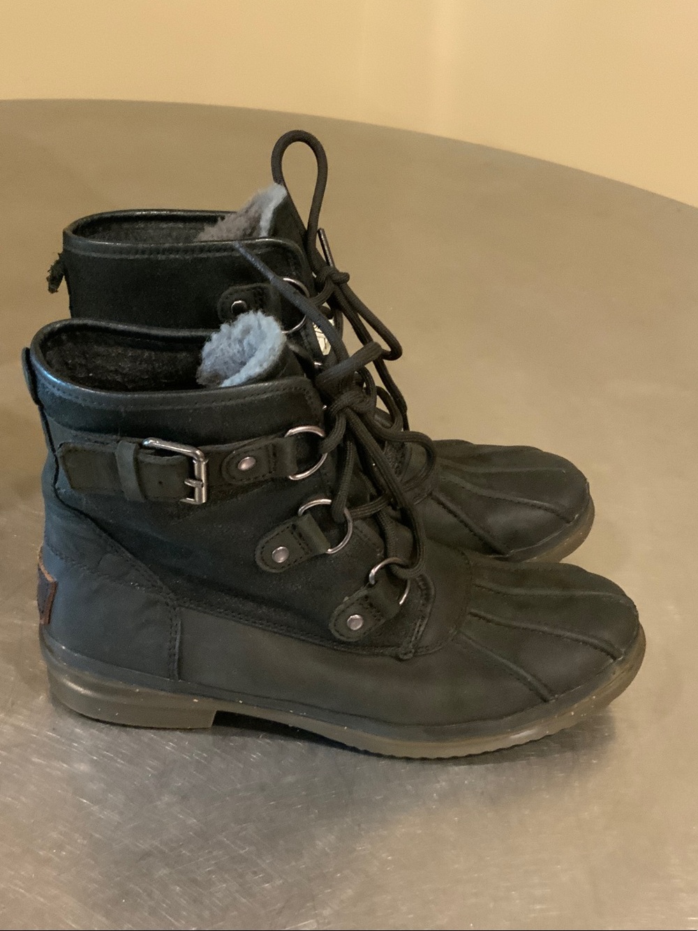 UGG Black Lace-Up Ankle Duck Boots with Buckle